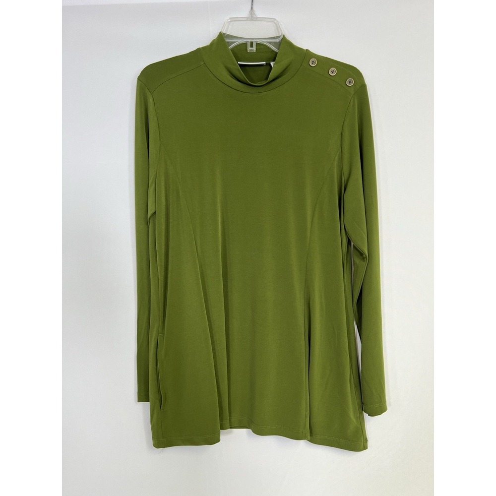 Susan Graver  Shirt Green Mock Turtleneck Gold Button Travel Stretch Sz M